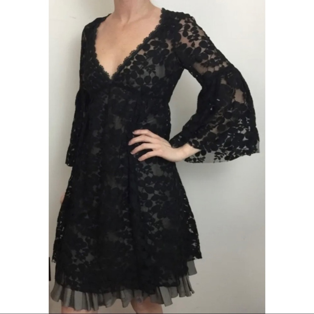 Rebecca Taylor Sz 2 Black Lace V Neck Bell Sleeve Exposed Pleated Slip xs Dress